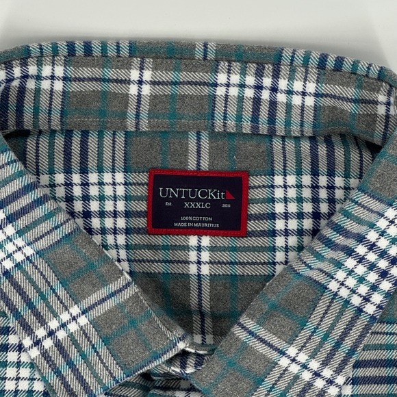 UNTUCKit Mens XXXLC Flannel Plaid Button Down Shirt Grey Blue Cotton Long Sleeve - Picture 3 of 4